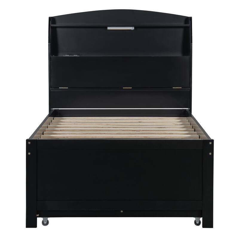 Twin Size Espresso Wooden Bed with LED Night Light, Trundle, and Under-Bed Storage Drawers