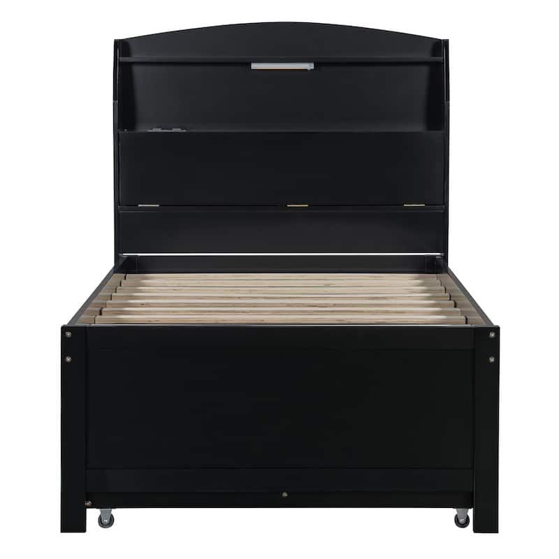 Wooden LED Platform Bed Frame with Pull Out Trundle, Drawers and Storage Headboard