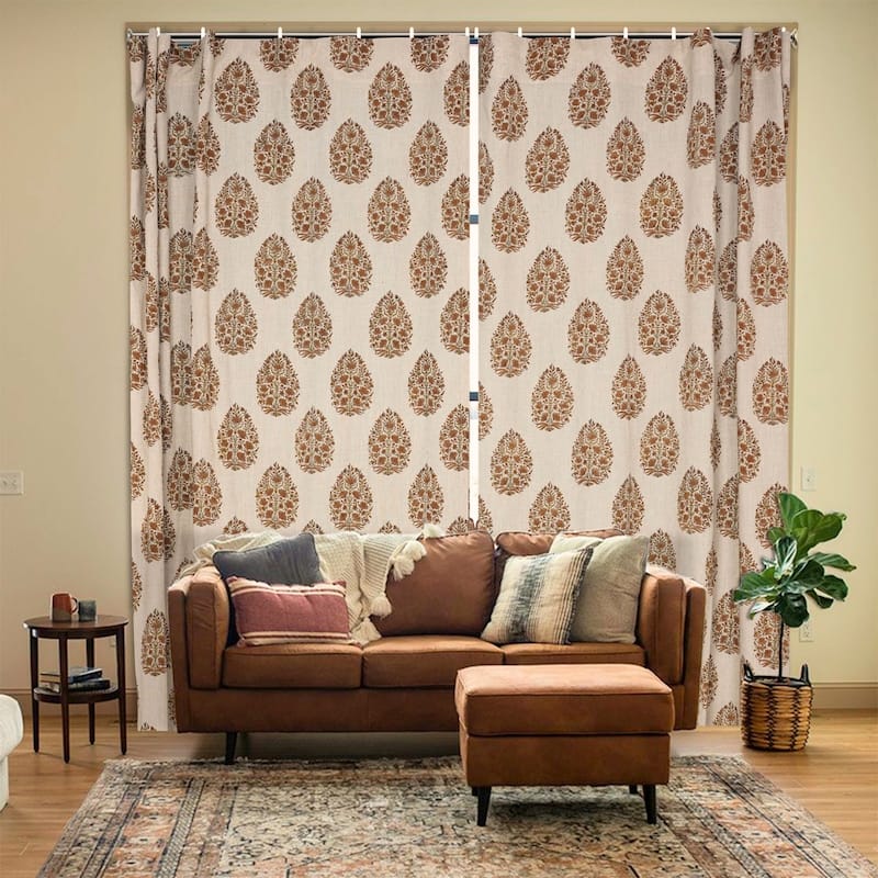 Fabdivine Handmade Floral Block Print Window or Door Room Décor Viscose Linen Curtain