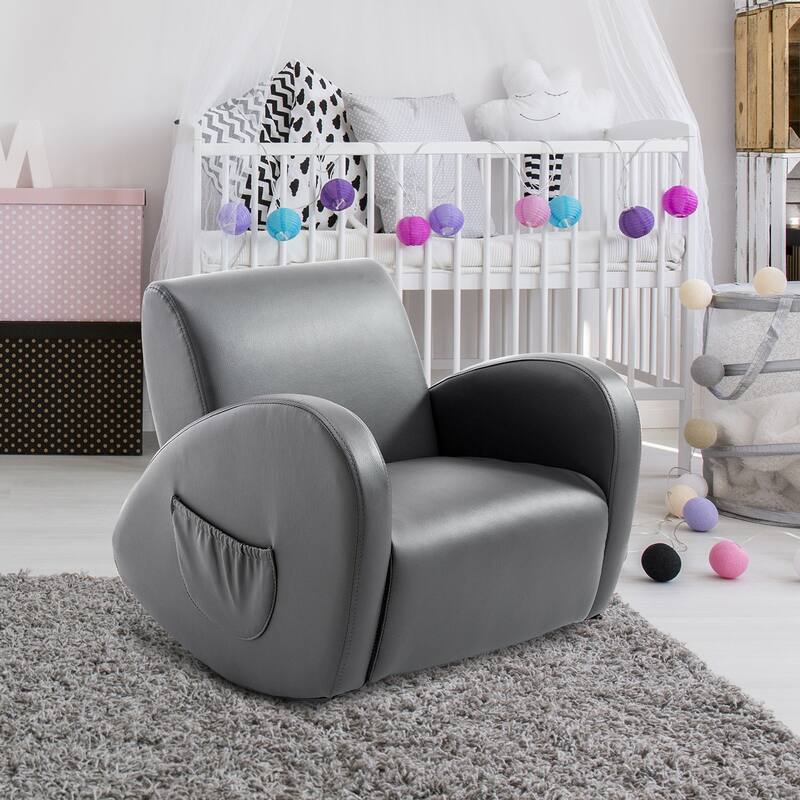 Qaba 20" Kids Sofa Rocking Base Armchair Childrens Furniture with 2 Side Pockets & a Durable PU Material, Grey