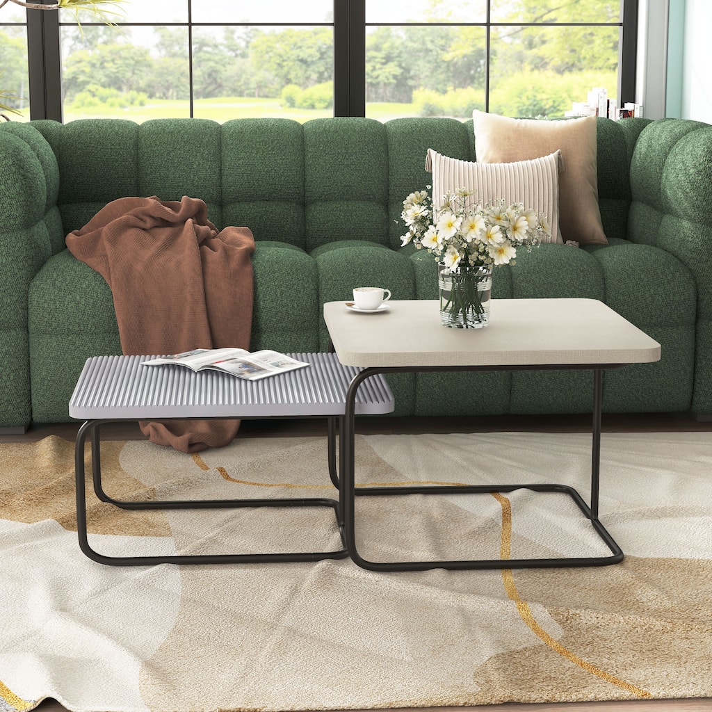 Furniture of America Tracy Modern 2-Piece Nesting Fluted Cream/Grey Square Coffee Table Set
