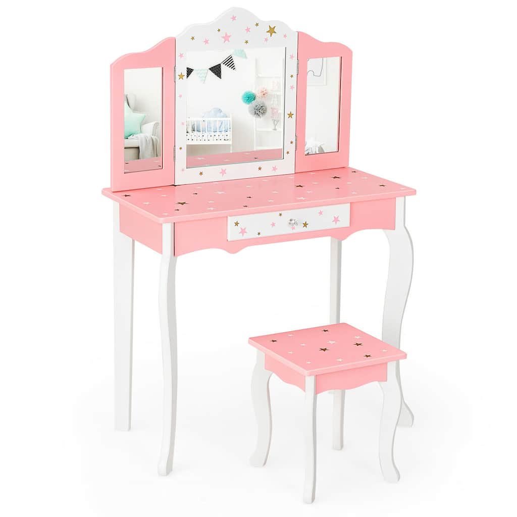 Gymax Kids Vanity Princess Makeup Dressing Table Chair Set W/ - See Details