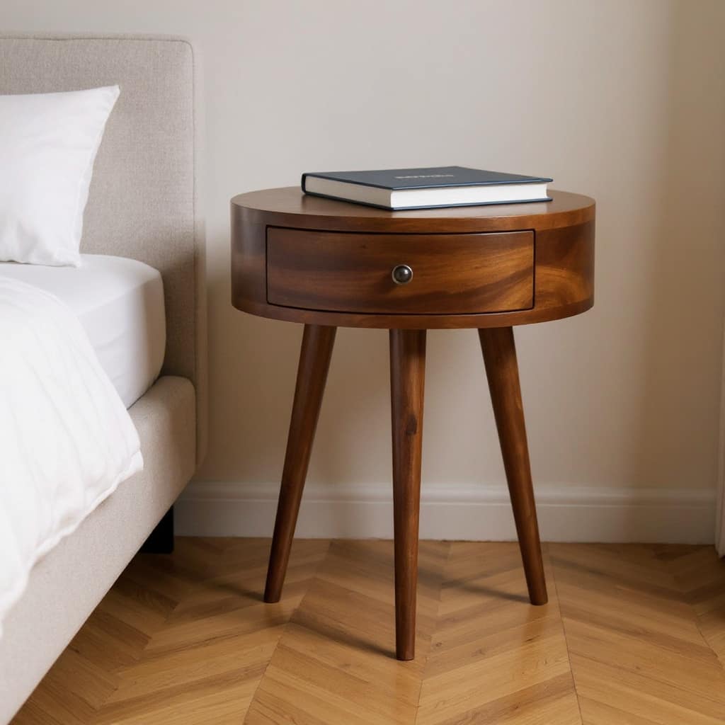 HomeRoots 21" Brown Solid Wood Round One Drawer Nightstand