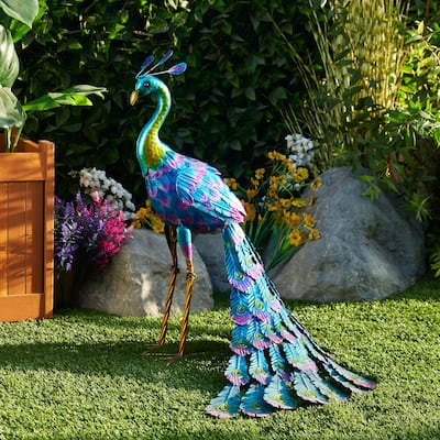 Alpine Corporation Tall Outdoor Metallic Peacock Standing Yard Statue Decoration, Multicolor