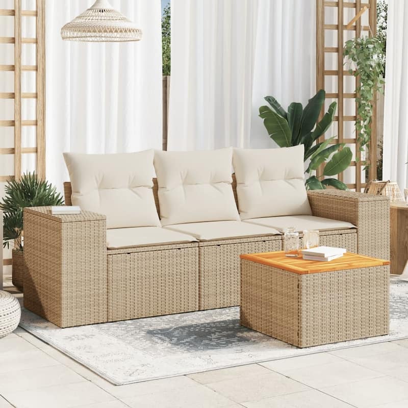 vidaXL Patio Sofa Set with Cushions Outdoor Furniture 4 Piece Poly Rattan - 21.7 x 21.7 x 14.6 - Beige and cream 4 Piece Set