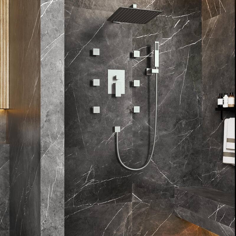 12" Wall Mount Rainfall 3 Way Thermostatic Faucet Shower System with Slide Bar, 6 Jets - Silver