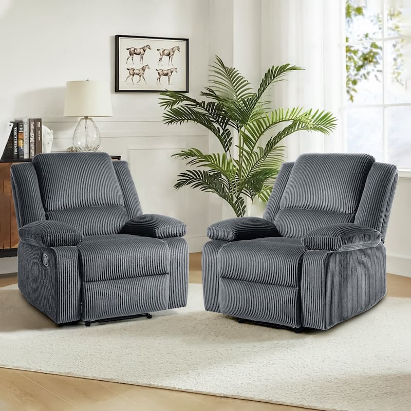 2 Set Corduroy Manual Recliner Glider Club Chair with Footrest - Dark Grey