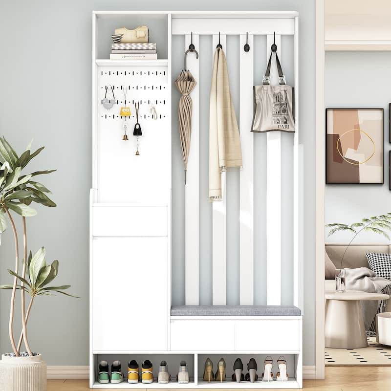 Roomfitters Modern Hall Tree with Storage Bench, Multifunctional Mudroom Cabinet with Pegboard and 4 Hooks