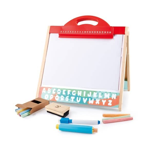 slide 2 of 5, Hape Store & Go Double-Sided Easel W/ Blackboard & Magnetic Whiteboard