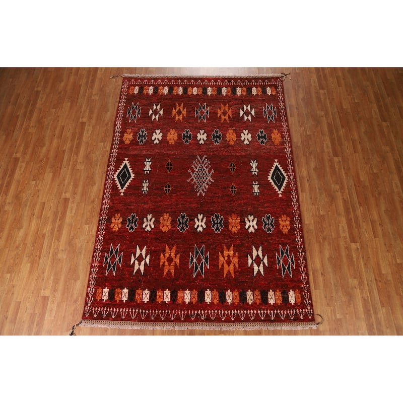 Hand Knotted Oriental 100% Wool Carpet Modern Tribal Red Moroccan Area Rug - 9' 9'' X 6' 9''