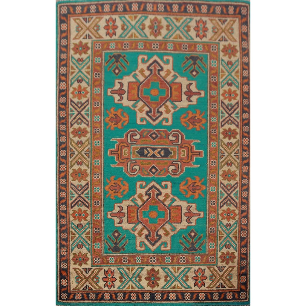Turquoise Green Kazak Foyer Rug Hand-Knotted Geometric Wool Carpet - 2'7"x 4'0"