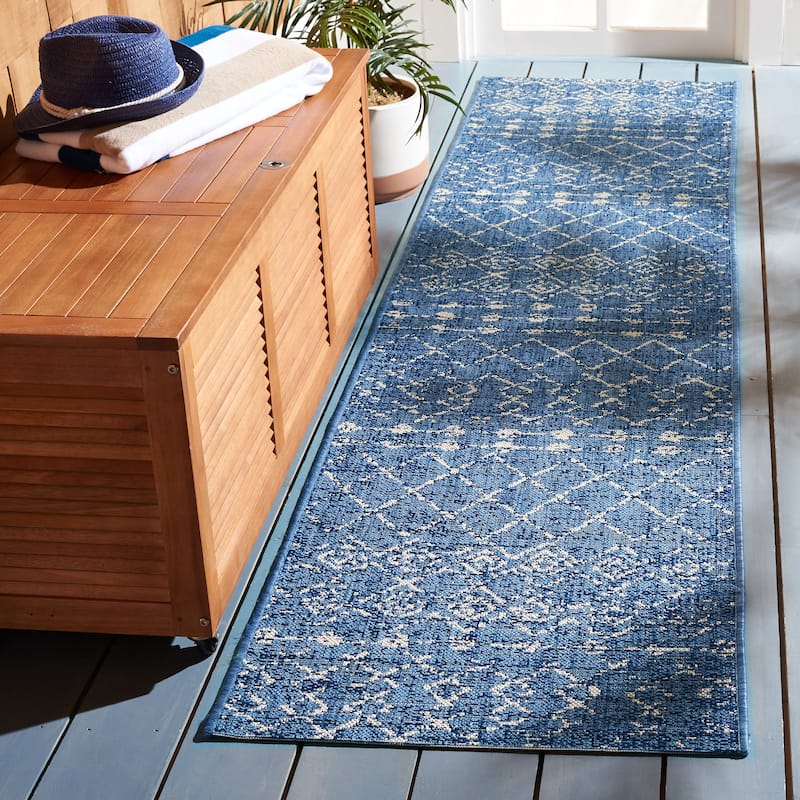 SAFAVIEH Courtyard Evaleen Indoor/ Outdoor Waterproof Patio Backyard Rug - 2'2" x 9' Runner - Blue/Ivory