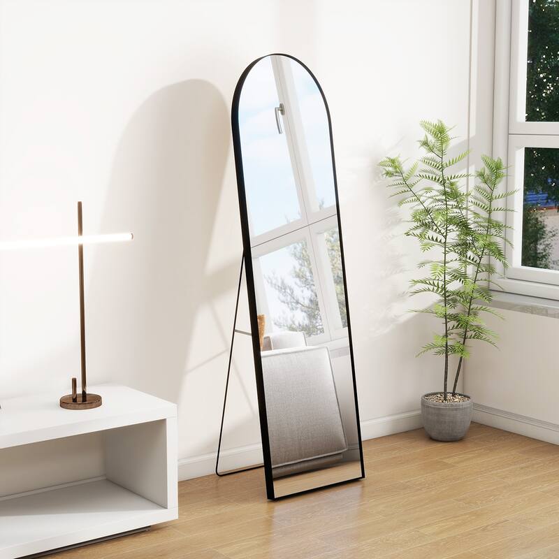 Full Length Arched Mirror with Shatter-Proof Glass & with Stand Aluminum Alloy Frame for Bedroom Cloakroom, Floor Standing - 59"L x 16"W - Black