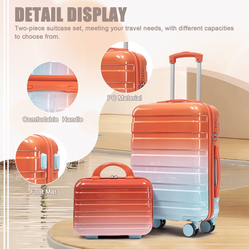 14In 20In 2 pcs in PC Spinner Wheel Luggage, Carry on Suitcase, With Gradient Color and Combination Lock