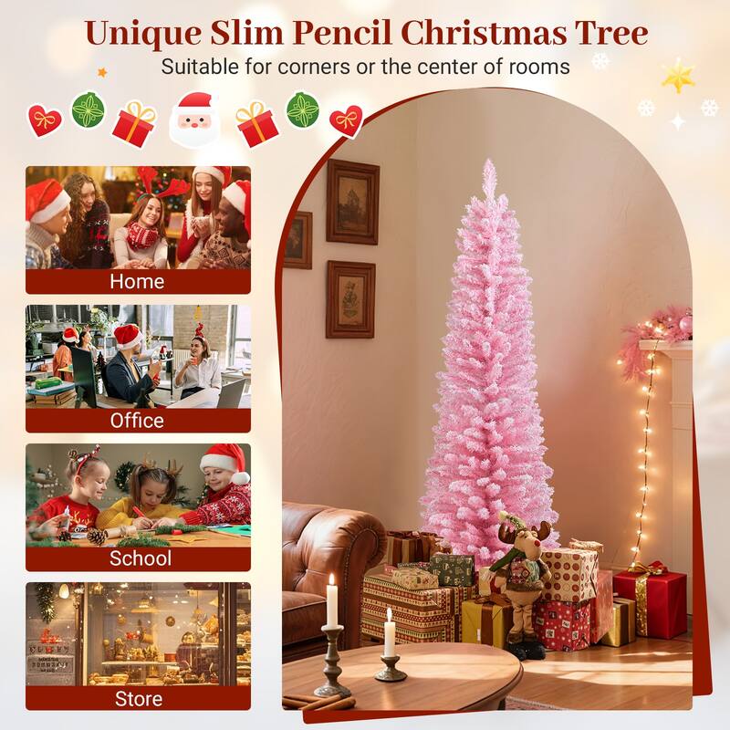 Gymax 5 FT Pink Artificial Christmas Tree Slim Pencil Xmas Tree w/ 328
