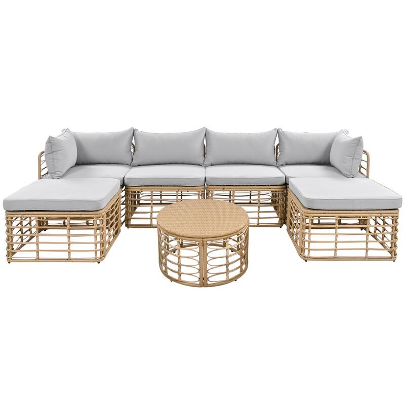 7 Pieces Outdoor Patio Furniture, with Thick Cushions & Pillows, All-Weather Rattan Sectional Sofa Set wRound Coffee Table