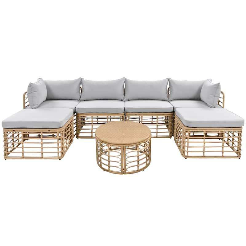 7-Pieces Outdoor Patio Sectional Sofa Set, Freely Combined Conversation Sets for Garden, Backyard, Balcony, Beige