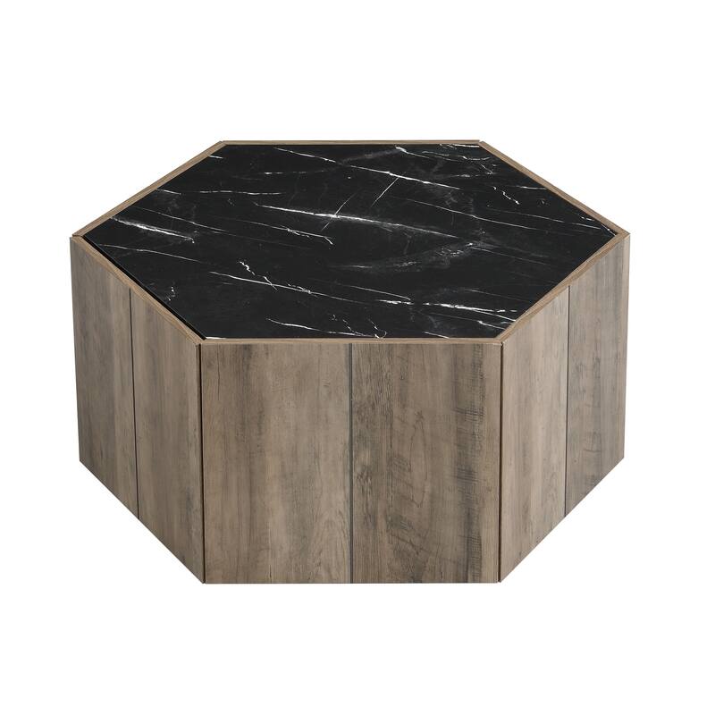 Hexagonal Rustic Retro Wood Coffee Table, with 2 Hidden Drawers, Textured White Marble Tops,Walunt Oak Finish - Perfect