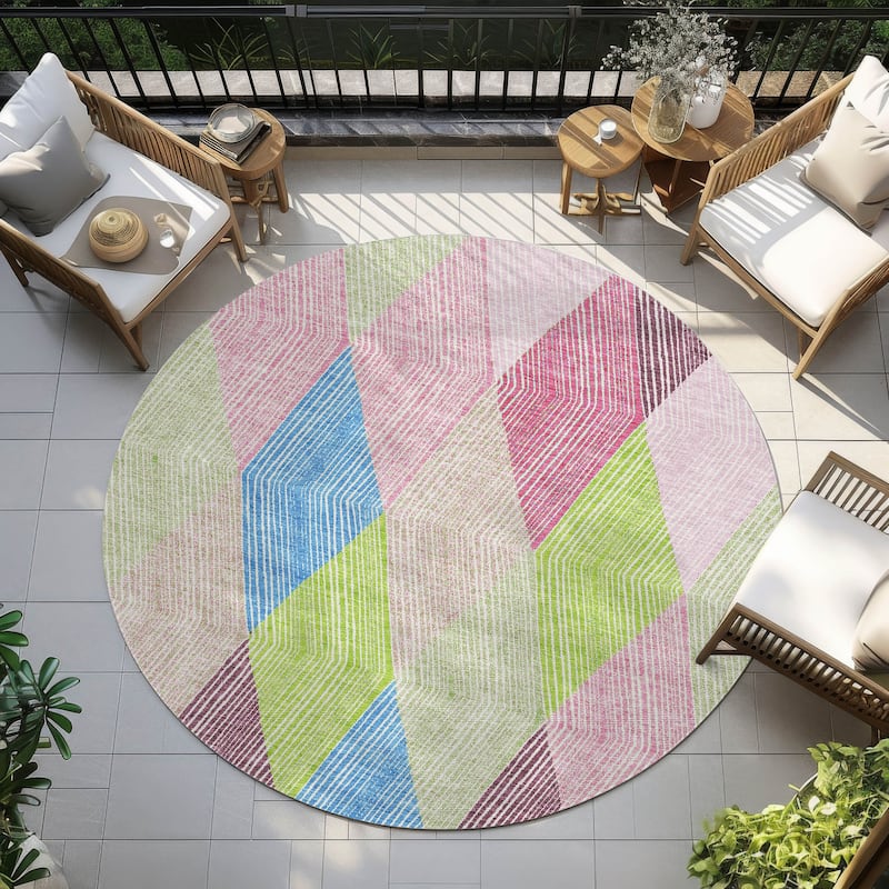 Machine Washable Indoor/ Outdoor Diamond Stripes Chantille Rug - Pink - 8' x 8'
