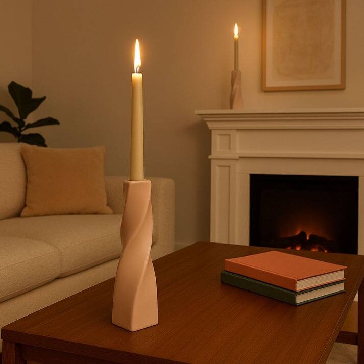 Vanilla Tall Curvy Santa Fe Style Ceramic Candlesticks Set of Two