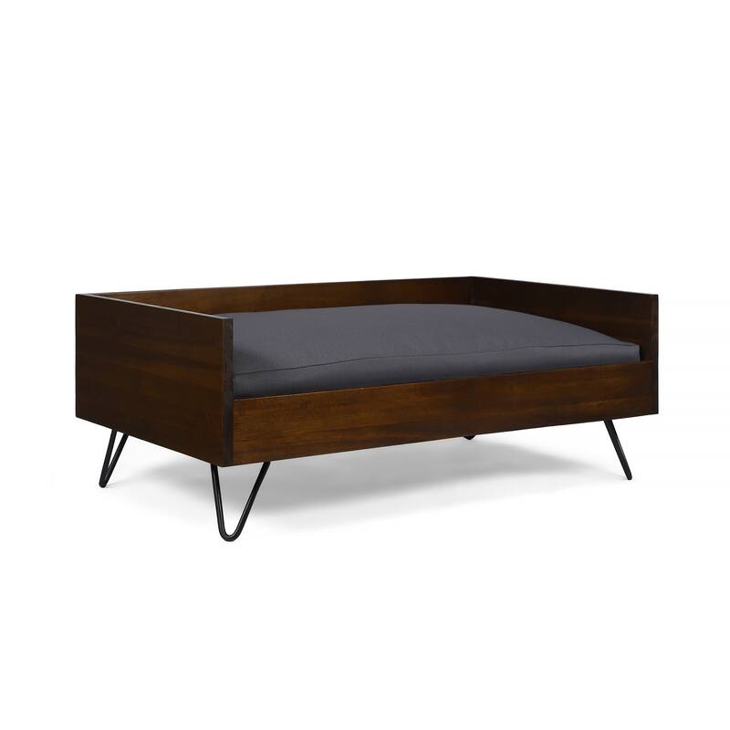 Roomfitters Solid Wood Pet Bed with Metal Legs, Modern Frame and Cushion, Indoor Lounge in Walnut Brown