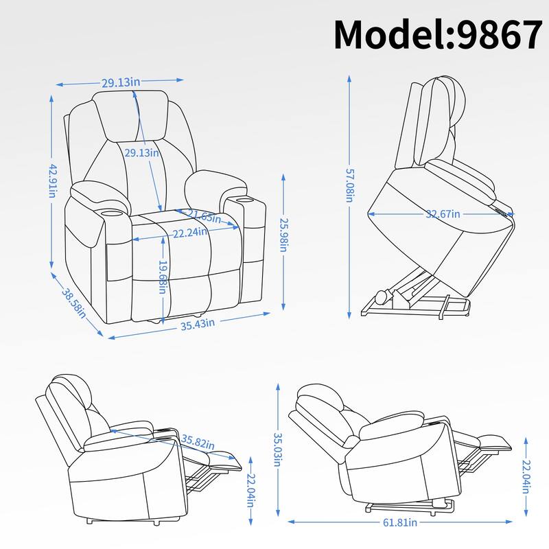 Blue Power Lift Recliner with 8-Point Massage, Heated Lumbar, Dual USB Ports, and Stainless Steel Cup Holders