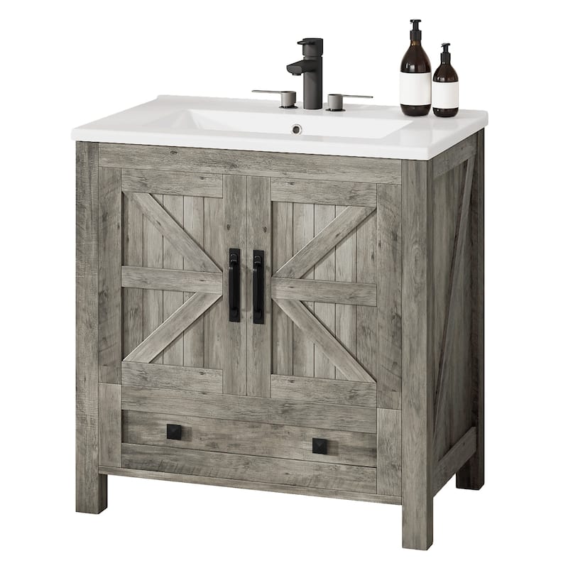 Moasis 30" Farmhouse Bathroom Vanity With Sink,Small Space Bathroom Storage Cabinet with Barn Doors