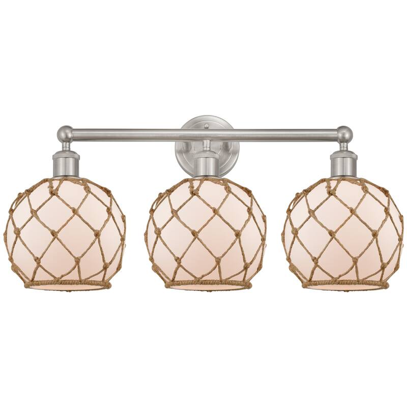 Innovations Lighting Endless Possibilities Edison - Farmhouse Rope - 3 Light 26" Bath Vanity Light - White Glass with Brown Rope/Brushed Satin Nickel