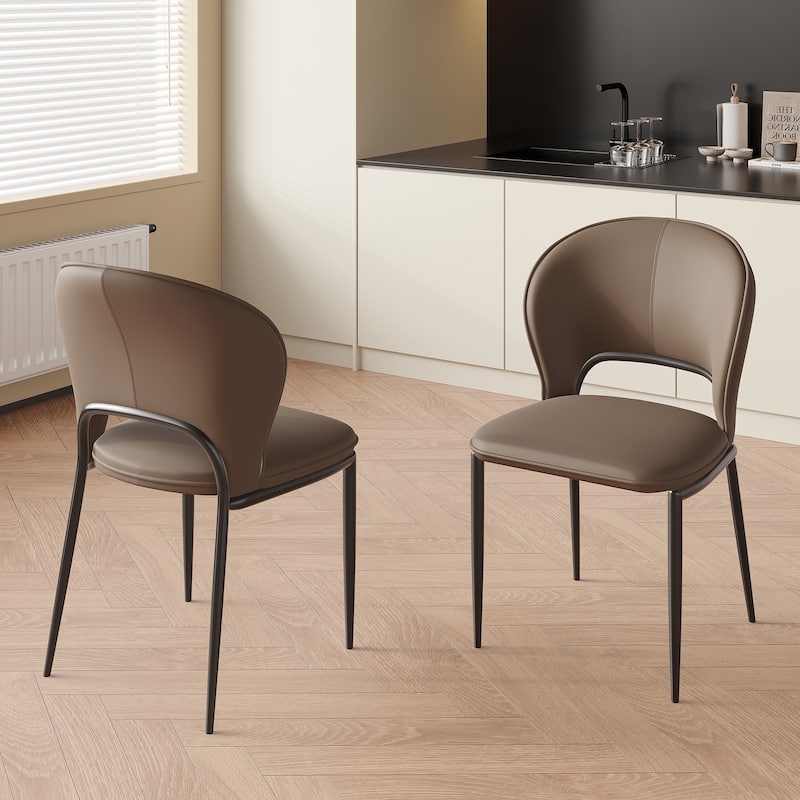 Modern Fully Assembled Dining Chairs, Faux Leather, Light Gray & Brown Options, Set of 2 - Brown