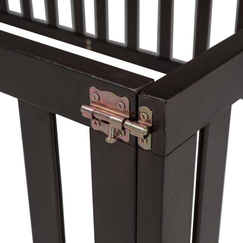 Twin Size Wood Floor Bed with Fence and Door, Walnut Finish