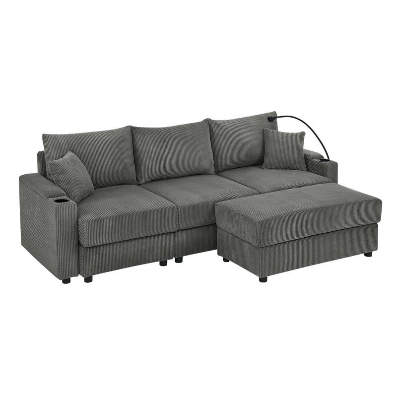 L-shaped Sectional Sofa Corduroy Deep Seat Couch with Ottoman Chaise Lounge, Storage Armrests, Cup Holders and Phone Stand