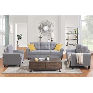 Button Tufted Linen Sofa Set with High Resilience Foam Cushions - On ...