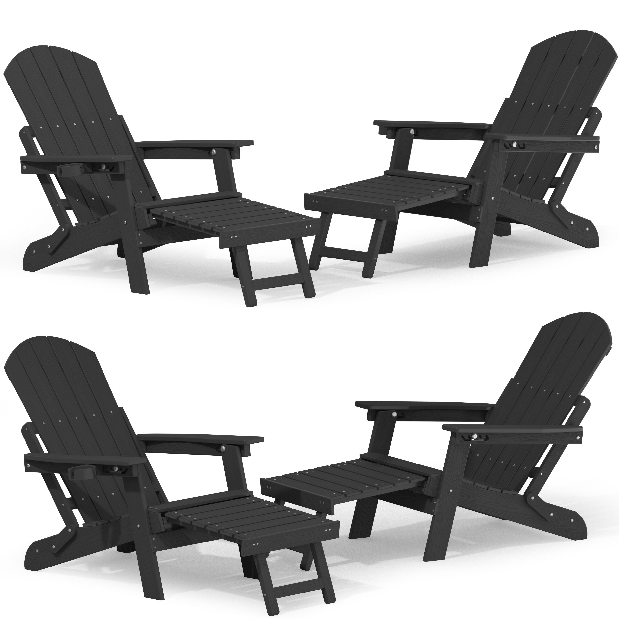 WINSOON All Weather HIPS Folding Adirondack Chair with Ottoman, 5-Gear Adjustable Backrest and Retractable Ottoman Set of 4