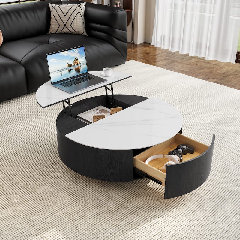 35.43" Round Coffee Table with Lift Top & Drawer, Faux Marble Surface, Solid Wood for Modern Living Spaces