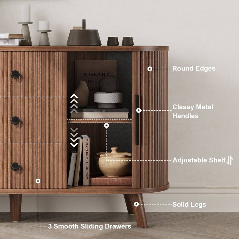 Fluted Sideboard Buffet Cabinet with Tambour Sliding Doors, Modern Coffee Bar Console with Storage & Adjustable Shelves