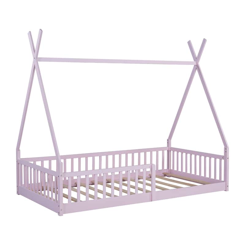 Twin Size Floor Bed, Platform Bed Frame with Fence and Roof, Solid Wood Playhouse Bedframe w/Open Door, No Box Spring Needed