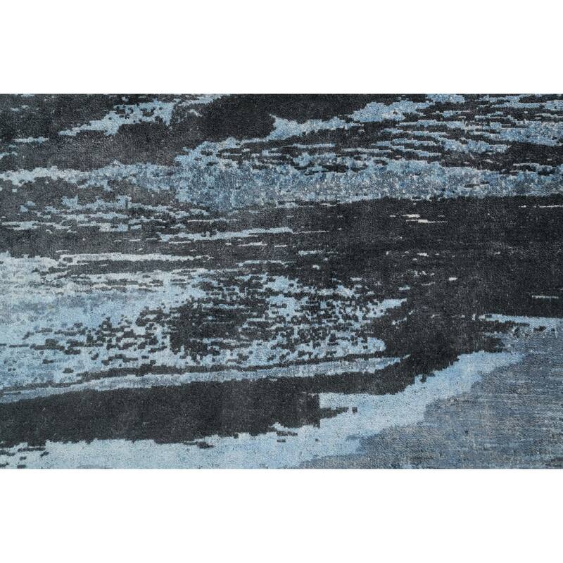 Hand Knotted Oriental Viscose Silk Carpet Modern Pictorial Navy Blue & Blues Abstract Area Rug - 7' 6'' X 5' 8''