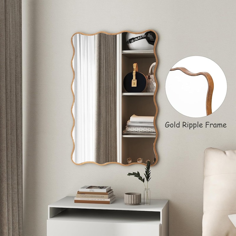 Antique Gold Wall Mirror Rectangle Wave Metal Accent Mirror - 30"×20"