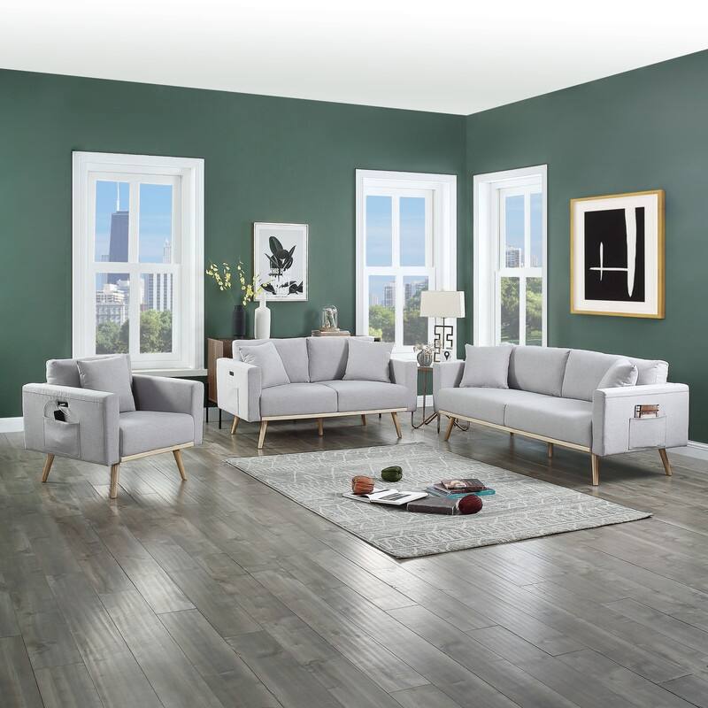 Easton Linen Fabric Sofa Loveseat Chair Living Room Set with USB Charging Ports Pockets & Pillows - Light Gray