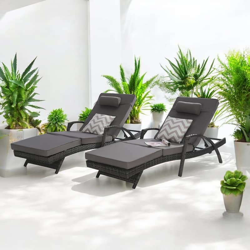 Outdoor Wicker Reclining Lounge Chairs Set of 2 with Cushions – Adjustable, Lawn Chairs for Patio, Poolside, and Garden - Dark Gray