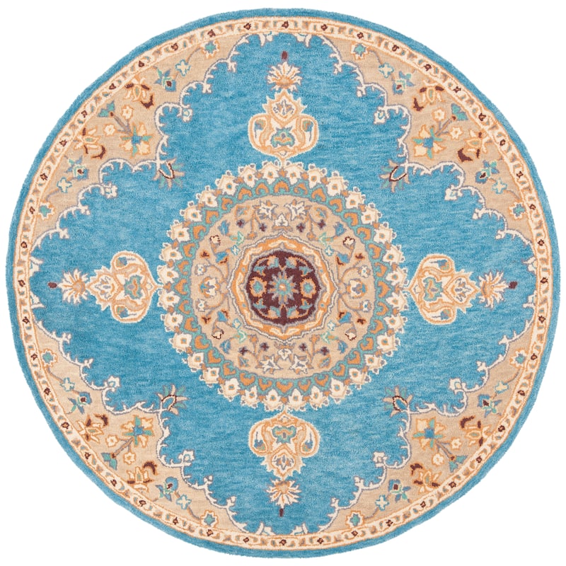 SAFAVIEH Handmade Heritage Fretwork Traditional Oriental Wool Rug - 6' Round - Blue/Beige