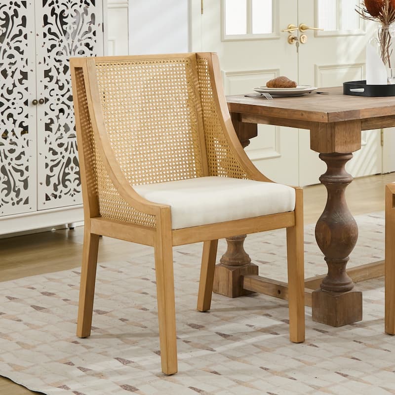 Rattan Dining Chairs, Solid Wood Frame with Decorative Armrests, Upholstered Seat, Rustic Wooden Style Side Chairs,Single Pack - Beige