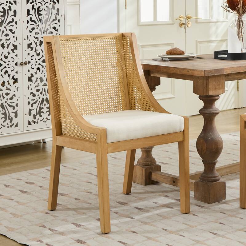 Roomfitters Rattan Dining Chair, Solid Wood Frame with Linen Seat, Rustic Cane-Back Accent Side Chair for Dining Room or Kitchen