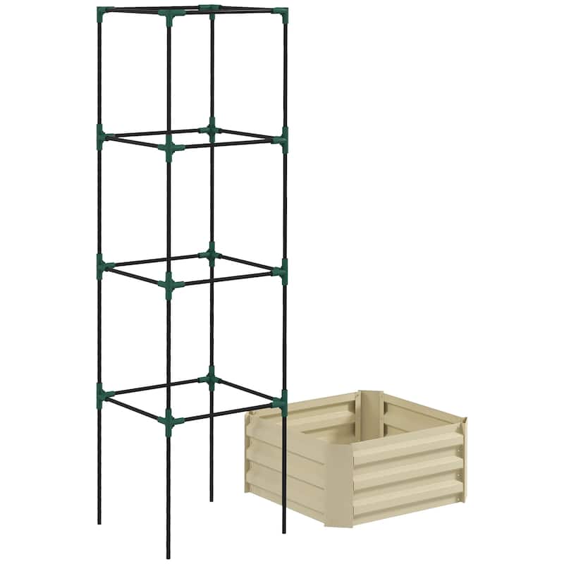 Galvanized Raised Garden Bed, 24" x 24" x 11.75" Outdoor Planter Box with Trellis Tomato Cage and Open Bottom for Climbing Vines