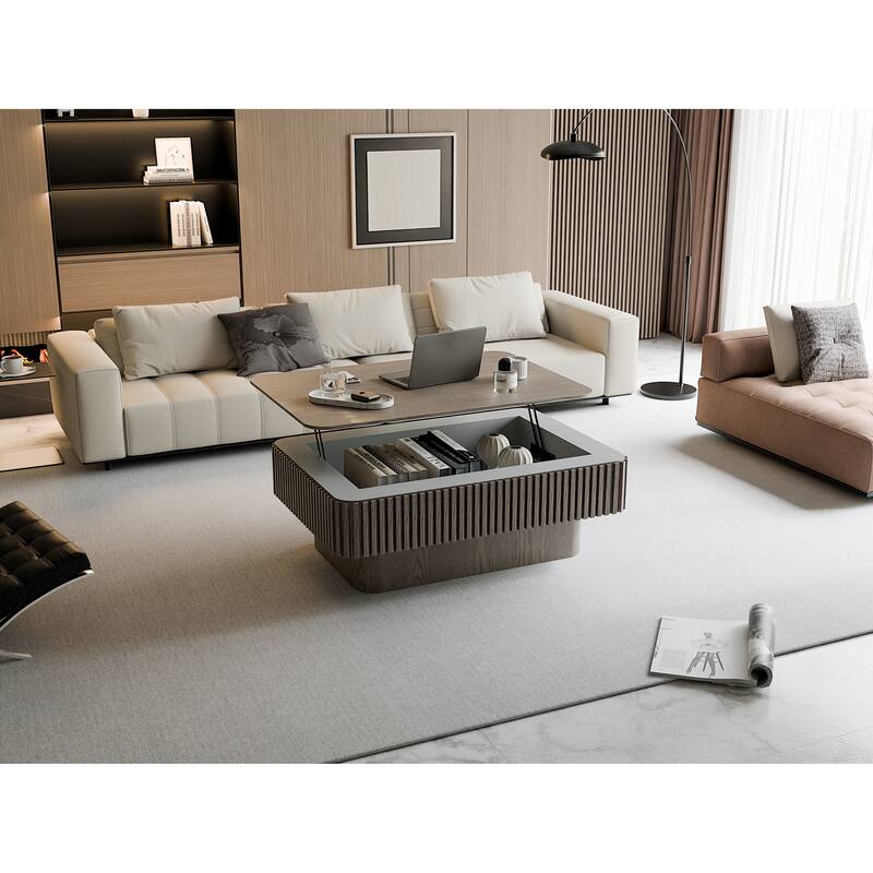 38.6" Fluted Lift-top Coffee Table, Coffee Table Accent Tea Table with Storage and Adjustable Height for Living Room