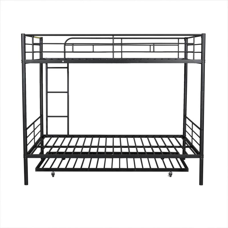 Metal Bunk Bed Frame Kids Dormitory Bed with Trundle, Ladder & Safety Guardrails, Bedroom Convertible Metal Bed Frame