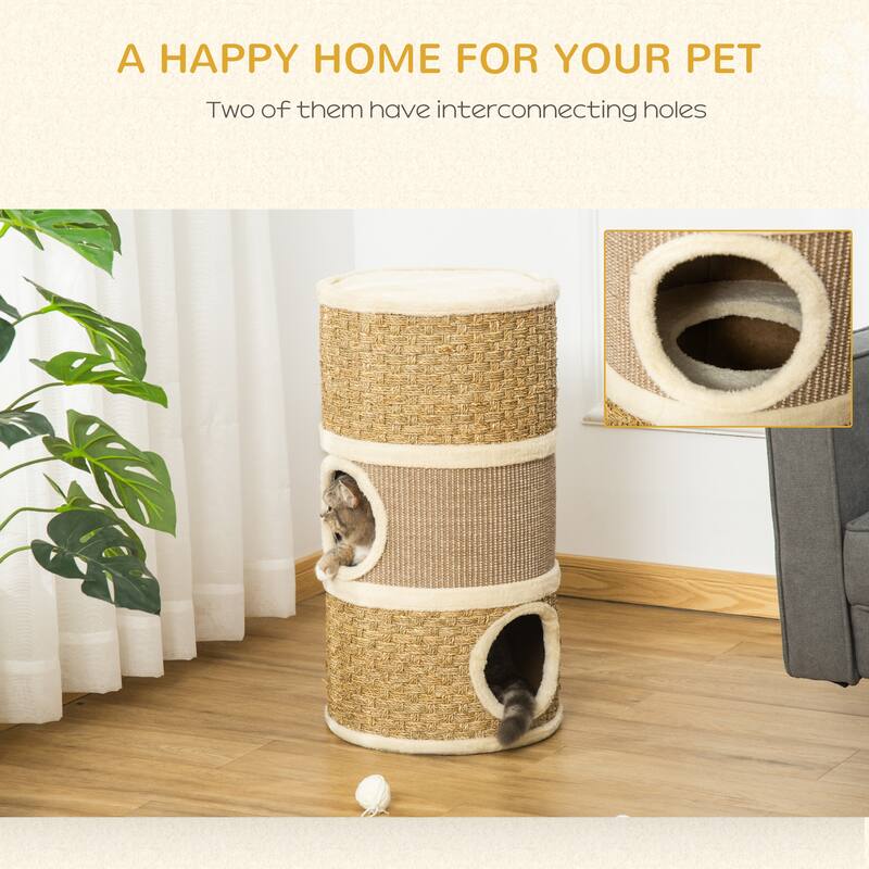 28 Inch Cat Condo, 3 Story Cat Hideaway with Sisal Scratching Pad, Barrel Shaped Small Cat Tree for Indoor Cats - khaki