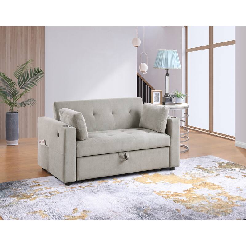 3 in 1 Convertible Pull Out Couch, Tufting Loveseat with Cupholders and USB Ports, 2 Seater Sofa with Pillows and Storage Bag