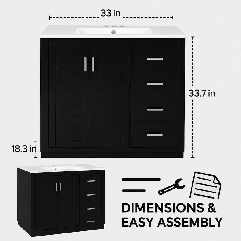 36'' Freestanding Bathroom Vanity with Sink, Solid Wood Frame, 3 Drawers