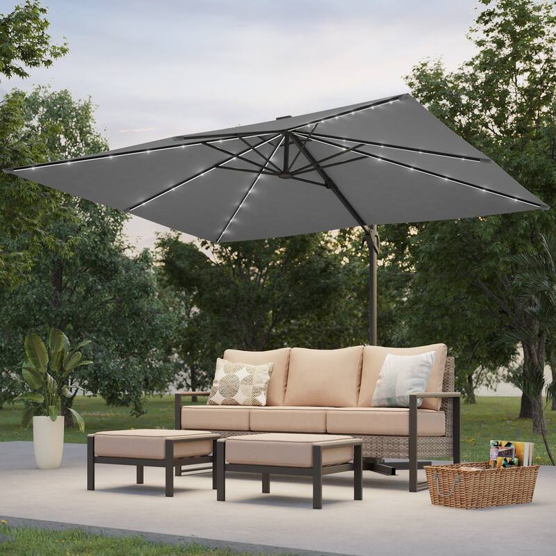 BONOSUKI Solar-powered 10x8ft Cantilever Patio Umbrella, Ultimate Outdoor Comfort with 360° Rotation and Canopy Angle Adjustment - Warm Gray